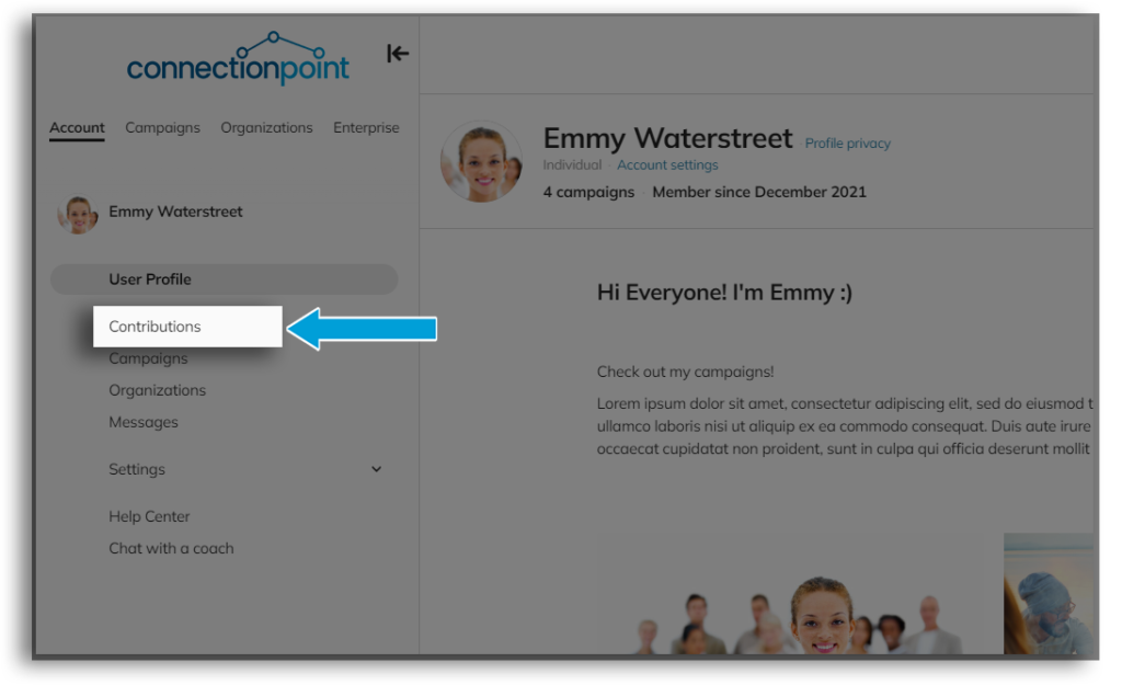 Screenshot of a demo user profile with 'Contributions' highlighted in the navigation menu