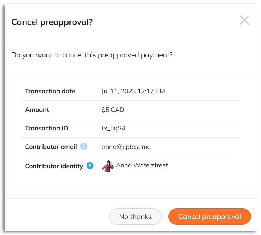 Screenshot of the 'Cancel preapproval?' dialogue popup