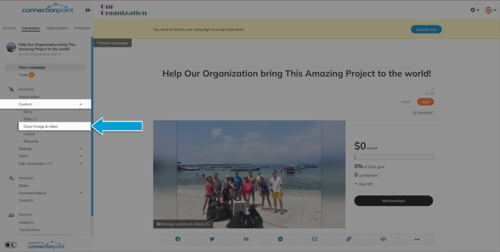 Screenshot of campaign's navigation menu with the Content --> Cover image & video option highlighted.