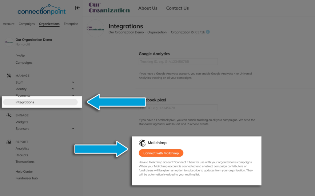 Screenshot of Organization menu 'Integrations' showing where to connect to Mailchimp