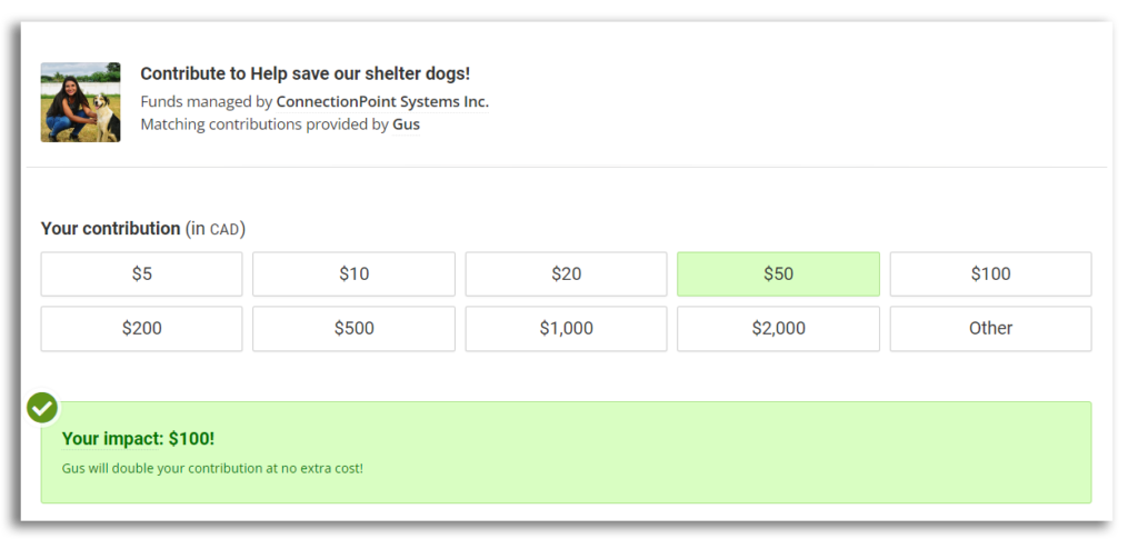 Screenshot of contribution flow, showing a $50 contribution having a $100 impact with the sponsor match