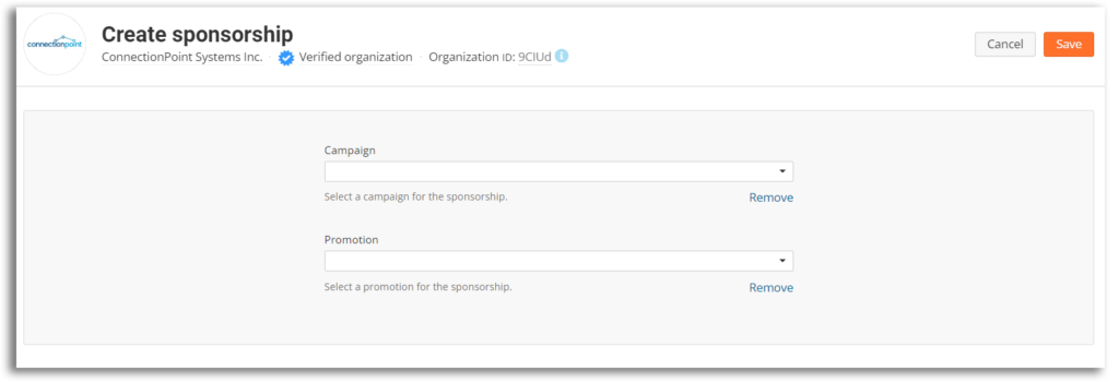 Screenshot of 'Create sponsorship' window when creating a promotion for a sponsor match