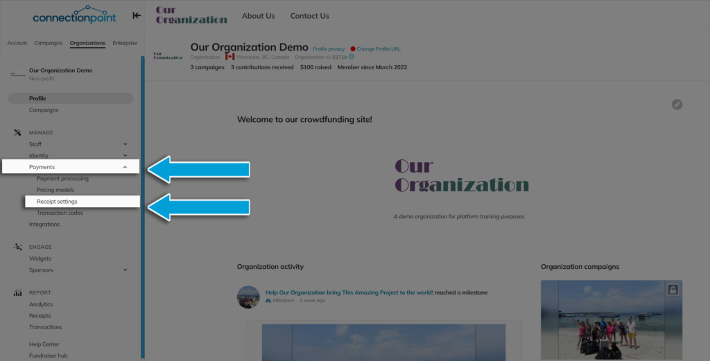 Screenshot of Organization payments - Receipt settings menu, a required step for setting up automatic tax receipts