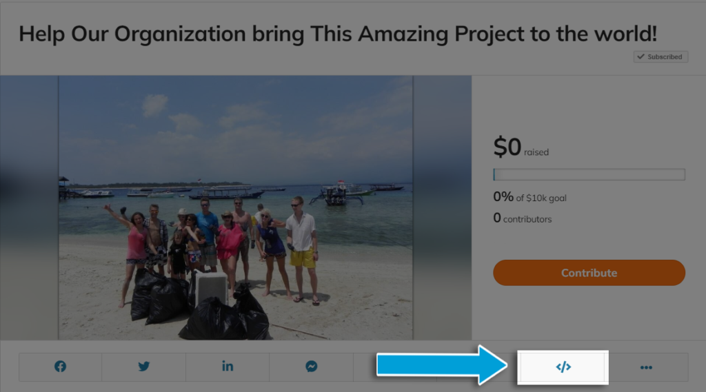 Screenshot of a demo crowdfunding campaign with the "Embed" option in the share bar highlighted. Share bar is under the media gallery, and this option is the seventh from the left.