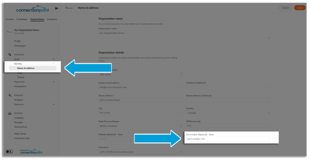 Screenshot of Organization name and address option, showing a number in the 'Tax number' section, required for automatic tax receipts