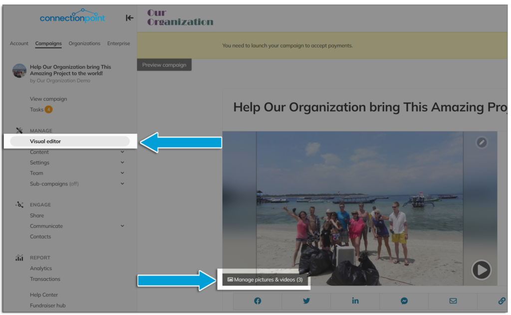 Screenshot of visual editor option in a campaign navigation menu, highlighting the 'manage pictures & videos' button on the bottom left of the cover image