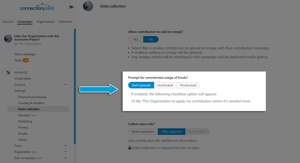 Screenshot of the Data collection settings menu, showing the option to prompt for unrestricted usage of funds.