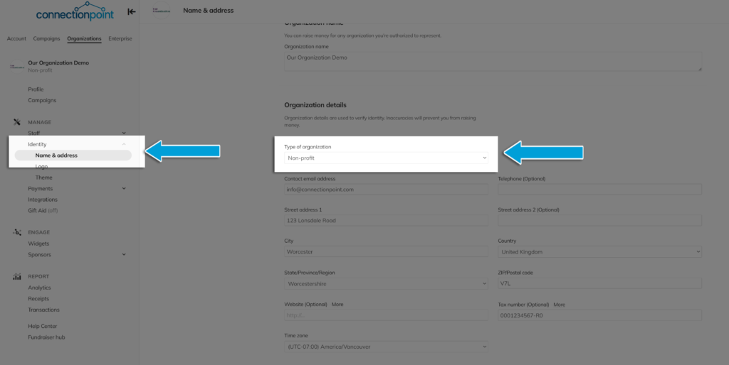 Screenshot highlighting Identity and Name & address in sidebar navigation menu, and the 'Type of organization' label on main page.