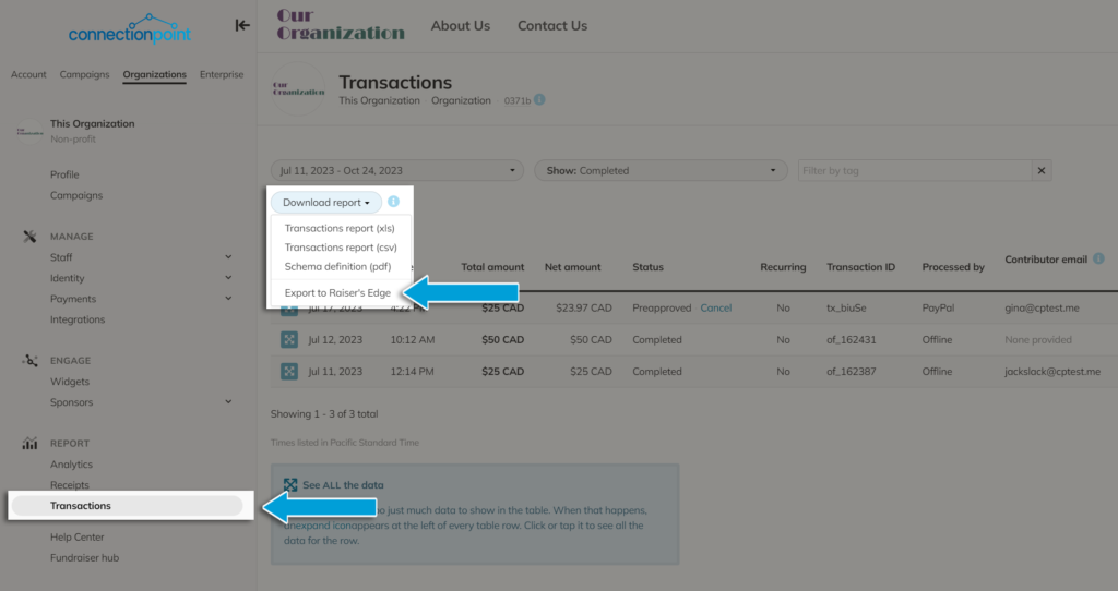 Screenshot highlighting 'Transactions' in the organization profile menu, then 'Download report" to click 'Export to Raiser's edge'