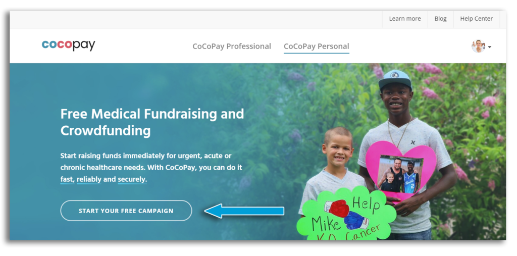 Screenshot of CoCoPay homepage, highlighting the 'Start your free campaign' button