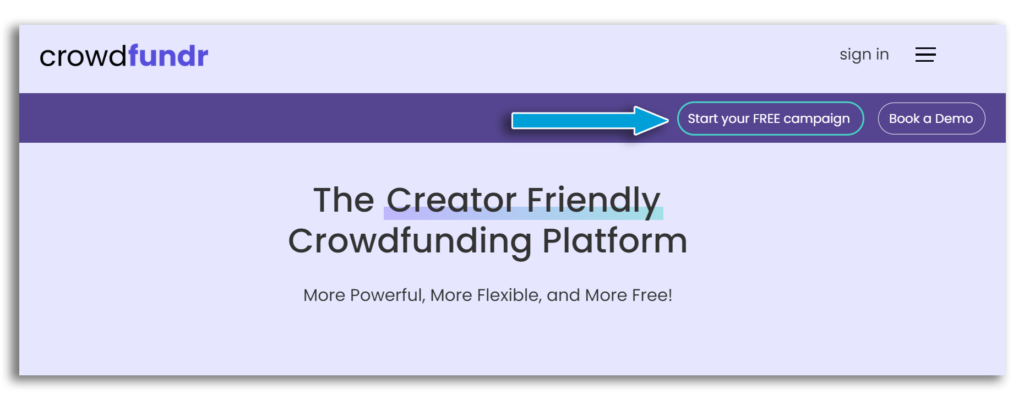 Screenshot of Crowdfundr homepage, highlighting the 'Start your free campaign' button