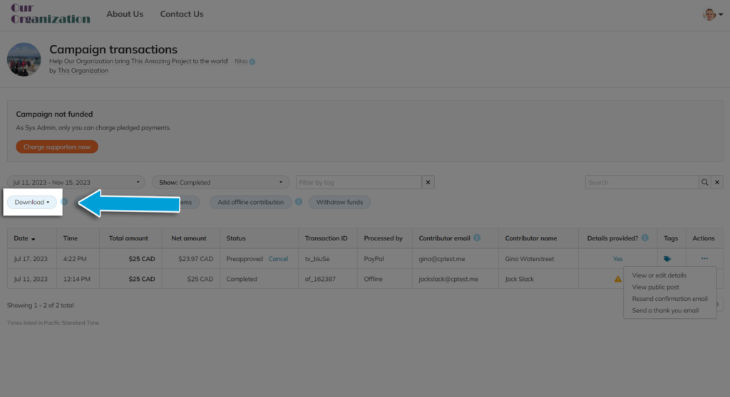 Campaign transaction menu highlighting the 'Download' option above the transaction table