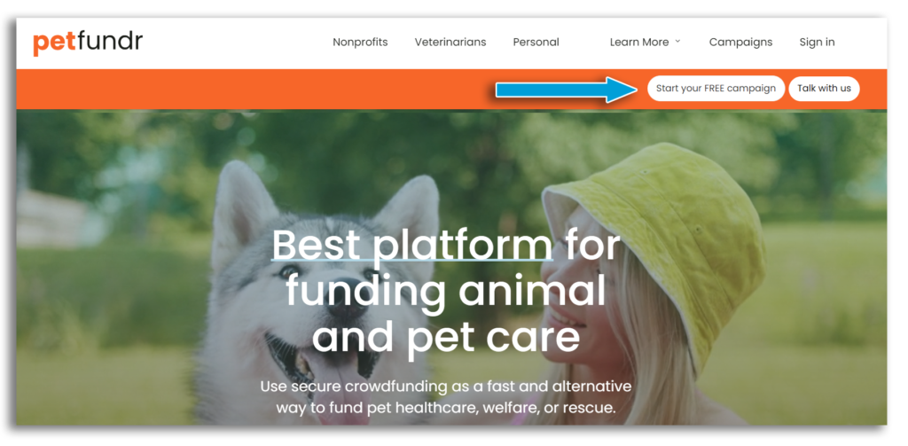 Screenshot of PetFundr homepage, highlighting the 'Start your free campaign' button