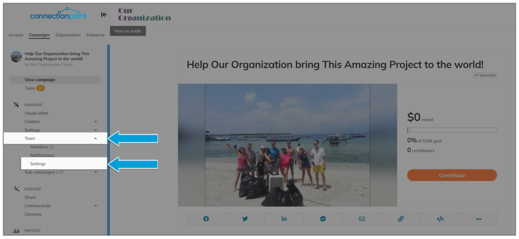Screenshot of a demo campaign's Team --> Settings option in the navigation menu