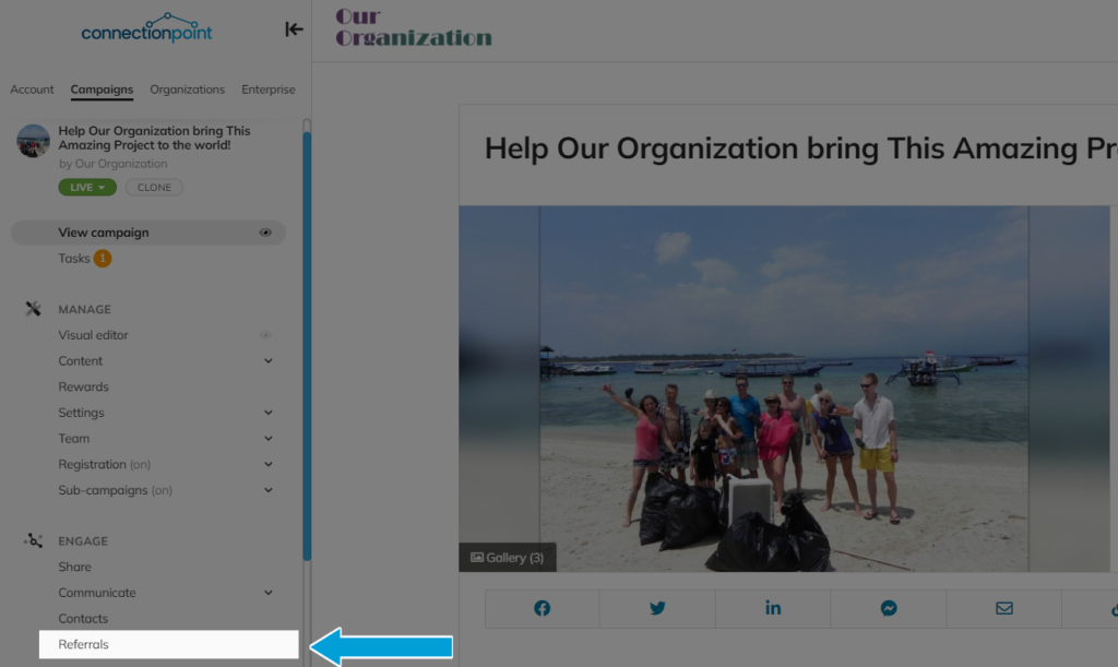 Screenshot of demo campaign, with 'Referrals' highlighted in the navigation menu