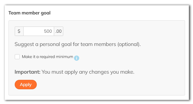 Screenshot of the Team member goal settings. There's a place to suggest a personal goal for team member, a checkbox to 'Make it a required minimum', and a button to Apply.