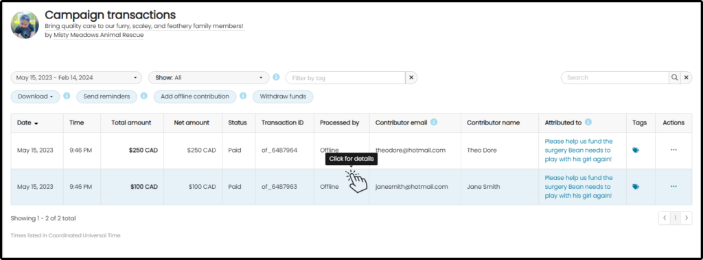 Screenshot of a campaign transaction menu showing a pointer on a table row. Clicking anywhere on the table opens campaign transaction details