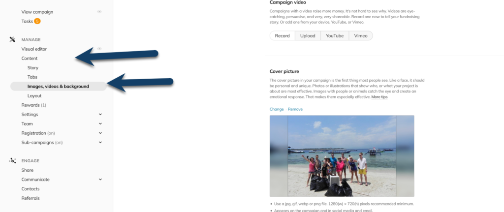 Screenshot of content>images, videos & background
 to show where to select a campaign background