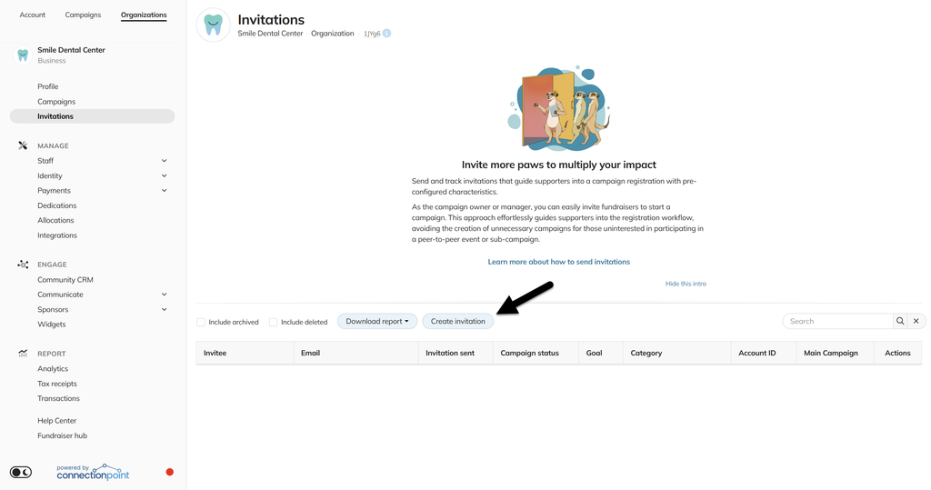 Screenshot of Invitations table with Create Invitation button highlighted.